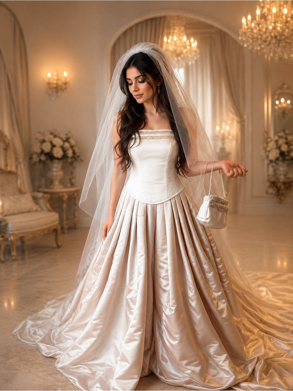 Strapless Two-Tone Elegant Ball Gown Dress in White and Beige
